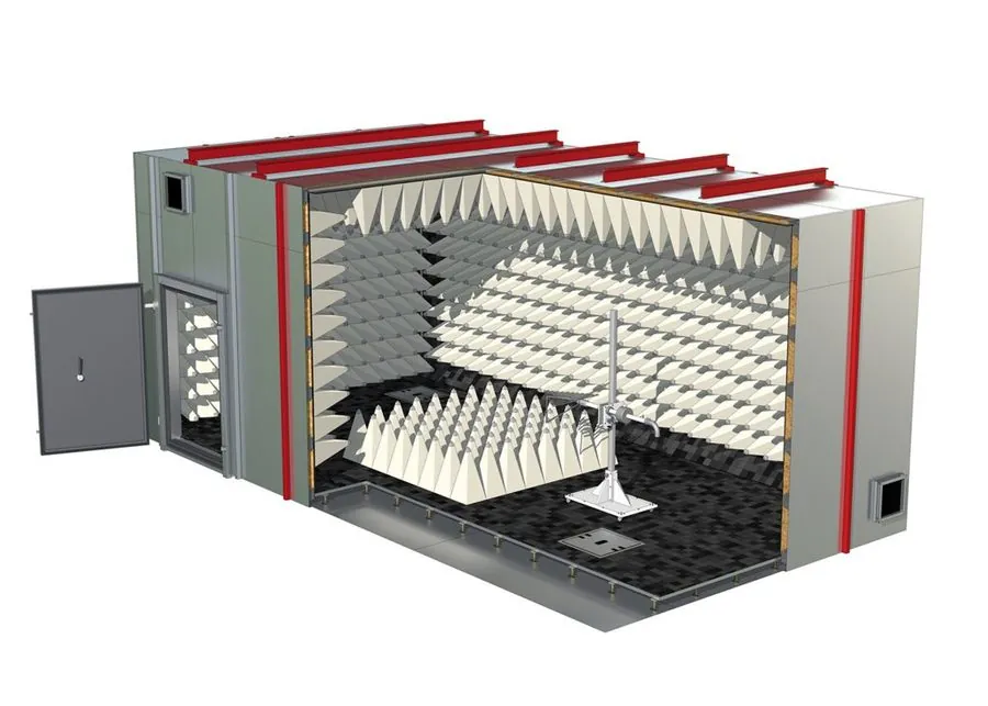 Inside a fully anechoic EMC chamber lined with absorbers